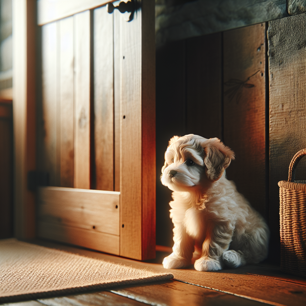 A small, adorable puppy sitting by a closed wooden door in a warm, cozy home, looking a little wistful or thoughtful. The scene should evoke a gentle sense of being alone, with soft, inviting light. Realistic style, 16:9 aspect ratio.