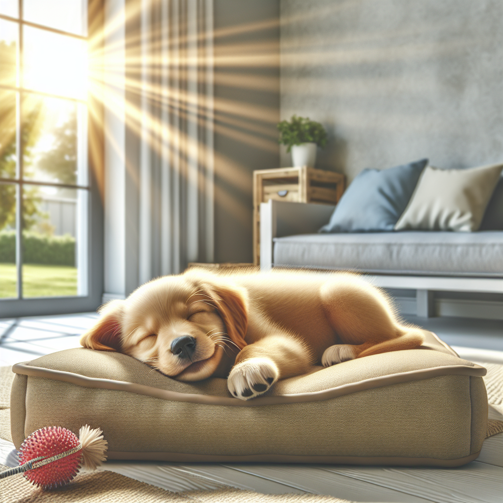 A calm and content puppy happily sleeping on a soft dog bed in a bright, tidy living room. Sunlight streams through a window, highlighting the peaceful and secure atmosphere. A favorite chew toy is placed nearby. Realistic style, 16:9 aspect ratio.