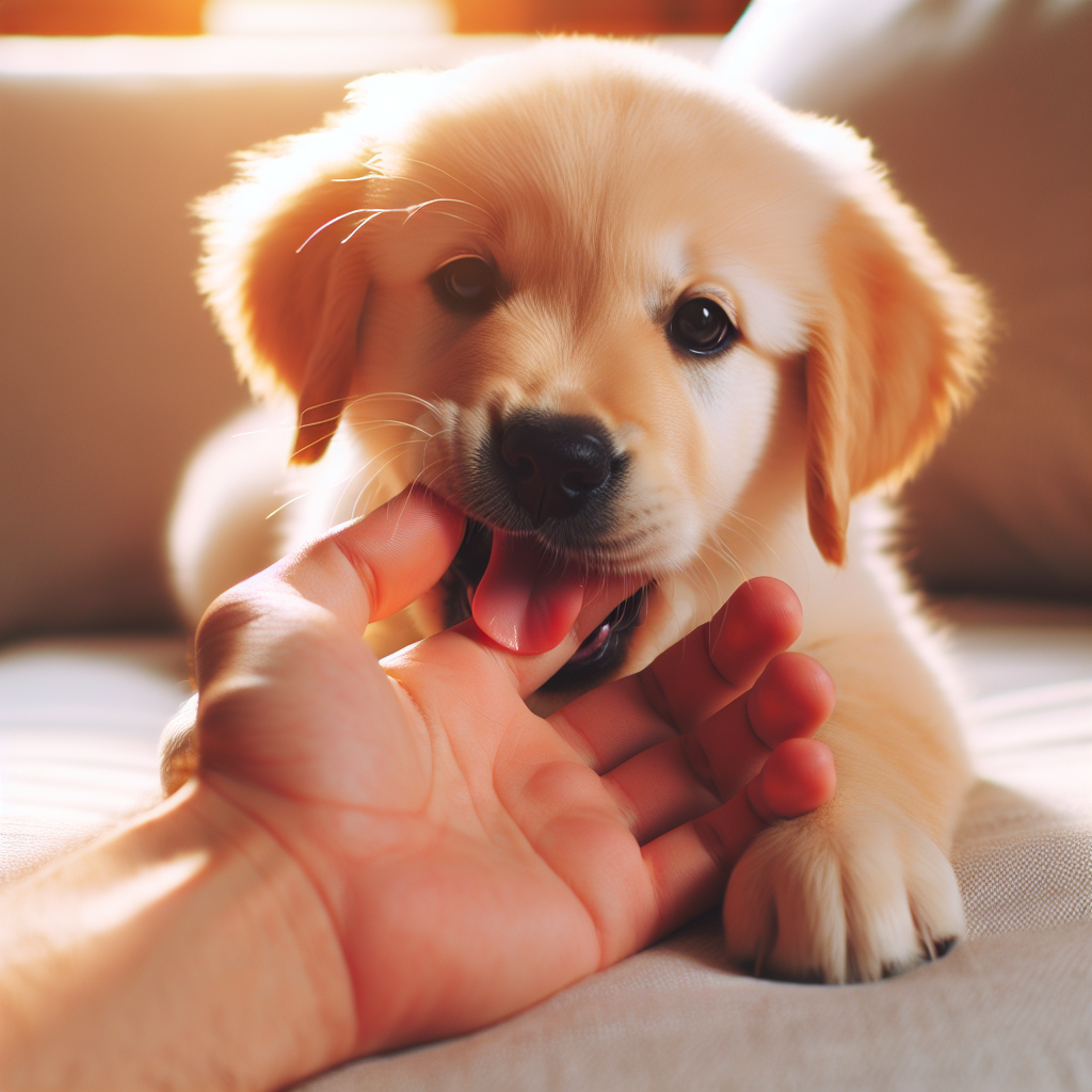 A charming puppy, perhaps a golden retriever or labrador, playfully mouthing a human's finger. The puppy's expression is curious and gentle, not aggressive. The human hand is relaxed. Soft, warm lighting, shallow depth of field, blog article style. Realistic, high-quality photograph.