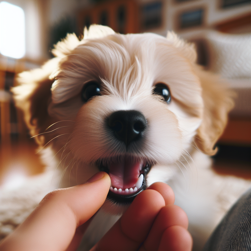 A close-up shot of a cute, fluffy puppy with its mouth gently but playfully closed around a human hand. The puppy has bright, curious eyes, and the setting is warm and cozy, like a living room. Soft, natural lighting. Focus on the interaction between the tiny teeth and the hand, conveying both the puppy's natural behavior and the owner's perspective.