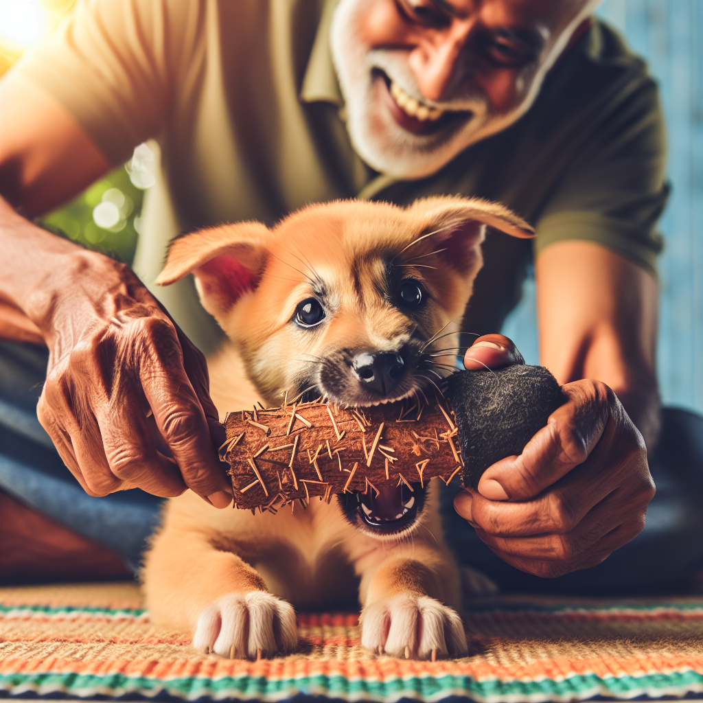 A cheerful puppy happily and safely chewing on a durable, appropriate chew toy. A human hand is gently nearby, perhaps offering the toy or stroking the puppy, but the puppy is focused entirely on the toy. The scene should convey a sense of positive training and redirection, with a bright and clean background, emphasizing a happy and well-guided pet.