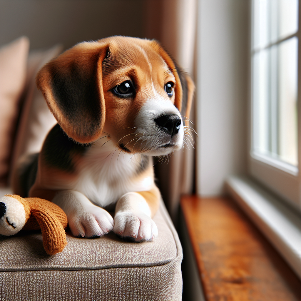 Ein süßer, junger Mischlingswelpe (z.B. Beagle-Terrier-Mix), der mit einem nachdenklichen, leicht gelangweilten oder ruhelosen Ausdruck aus einem Fenster schaut. Der Welpe schaut von der Kamera weg, vielleicht liegt ein weiches Spielzeug unbeachtet daneben. Die Szene soll ein Gefühl von stiller Sehnsucht oder mangelnder Stimulation in einem warmen, einladenden Wohnzimmer hervorrufen. Realistischer Fotostil, natürliches Licht.
