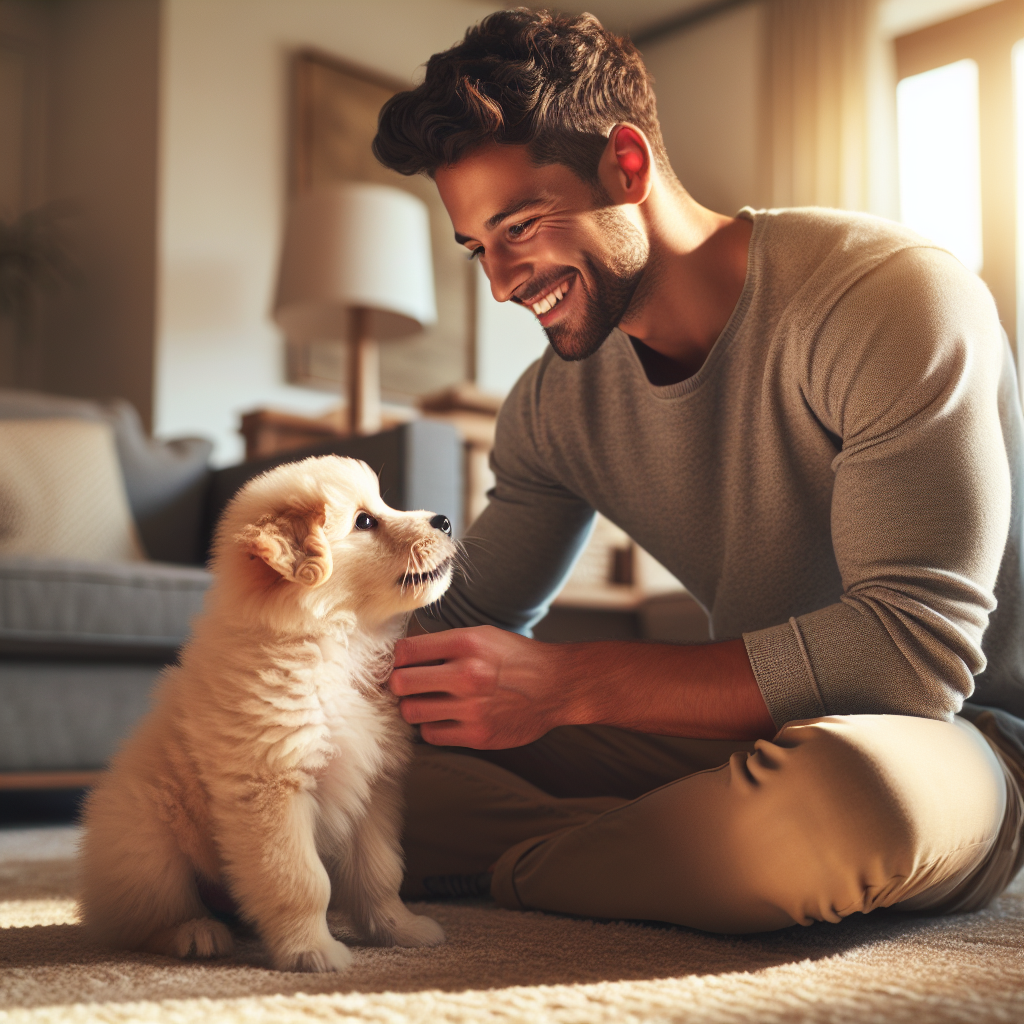 A young, friendly adult kneeling down, gently interacting and smiling at a small, fluffy puppy in a warm, inviting living room setting. The puppy looks up happily at the person, emphasizing a positive bond and the start of simple training. The atmosphere is calm and encouraging, with soft, natural lighting.