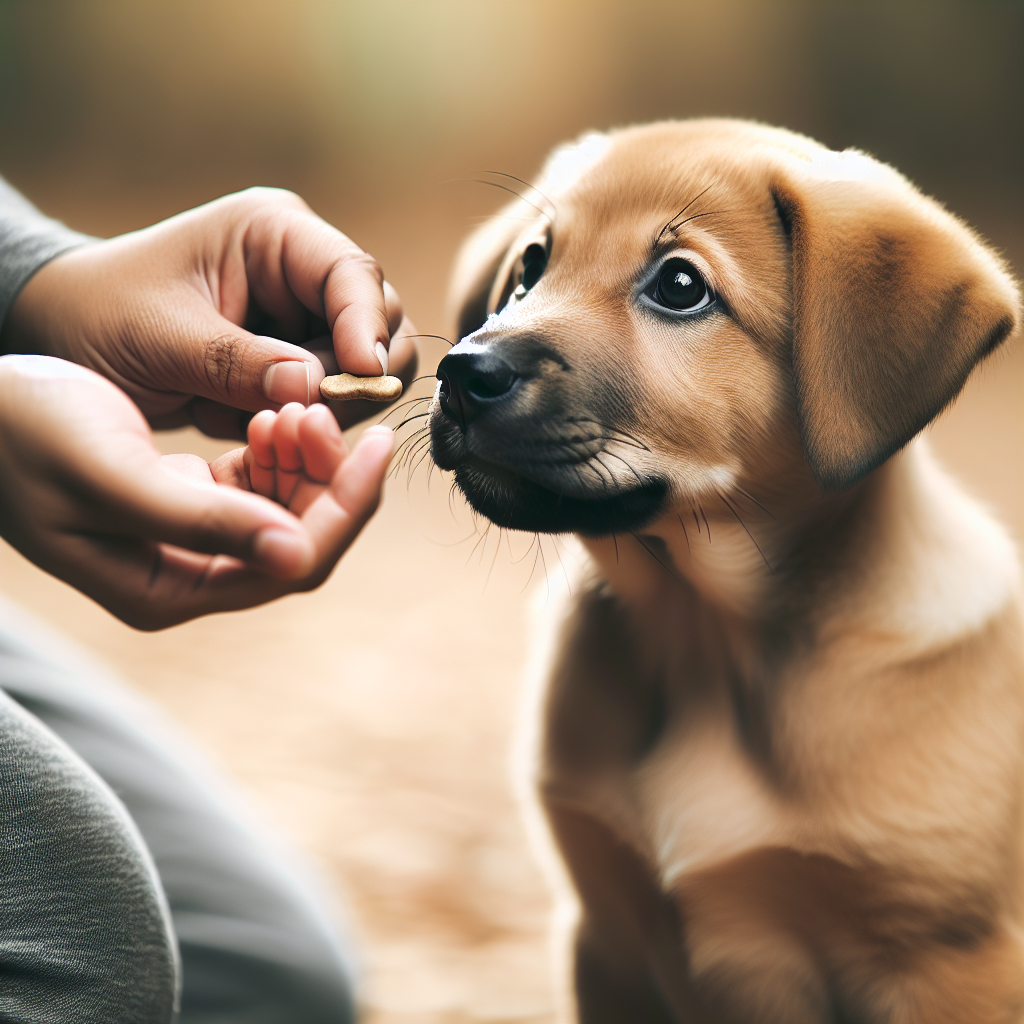 A close-up shot of a cute, focused puppy successfully performing a 'sit' command. A human hand is gently offering a small training treat to the puppy as a reward. The puppy's expression is attentive and happy, illustrating positive reinforcement in action. The background is softly blurred to keep focus on the interaction.