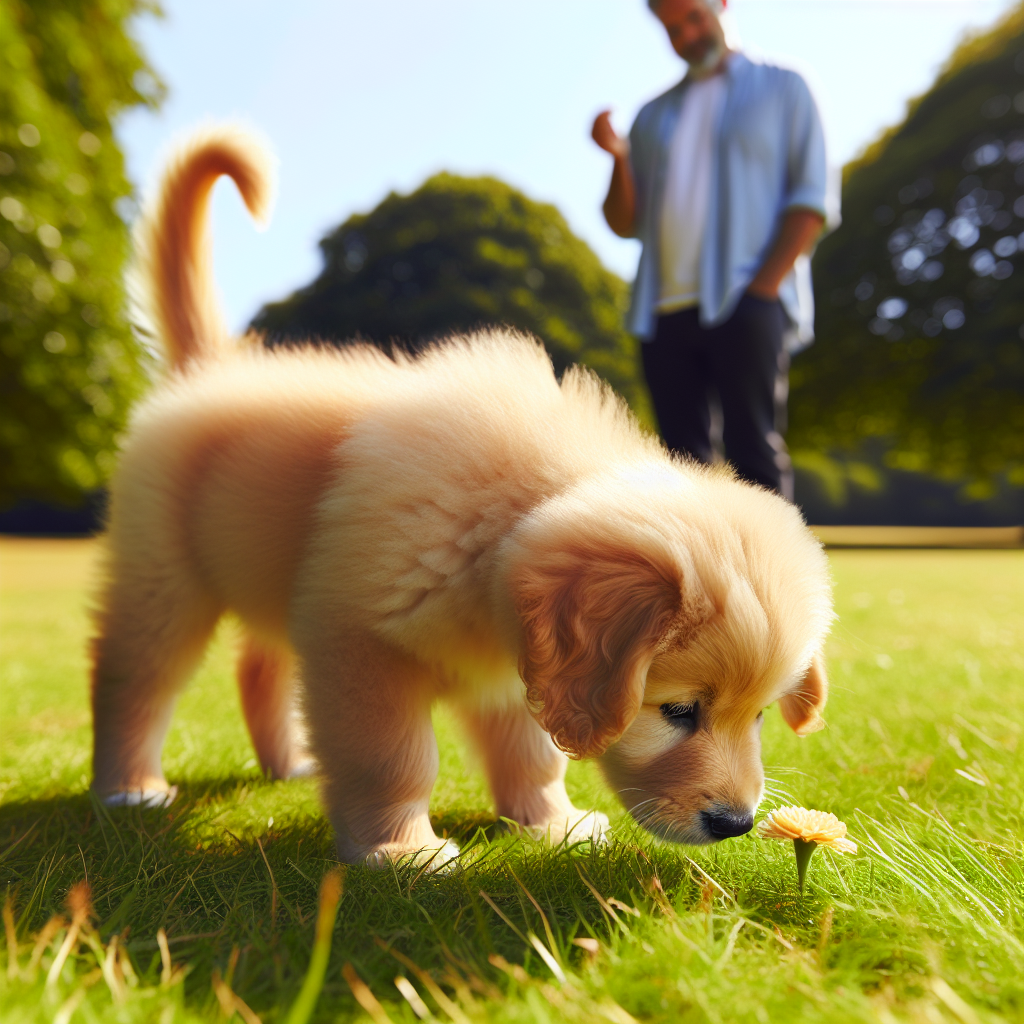 A fluffy puppy, perhaps a Golden Retriever or Labrador mix, is intensely focused on sniffing a captivating scent on the grass in a sunny park, its tail slightly up, completely ignoring its owner in the background who is looking at the puppy with a patient but slightly puzzled expression, calling its name. Realistic photo, vibrant outdoor setting.