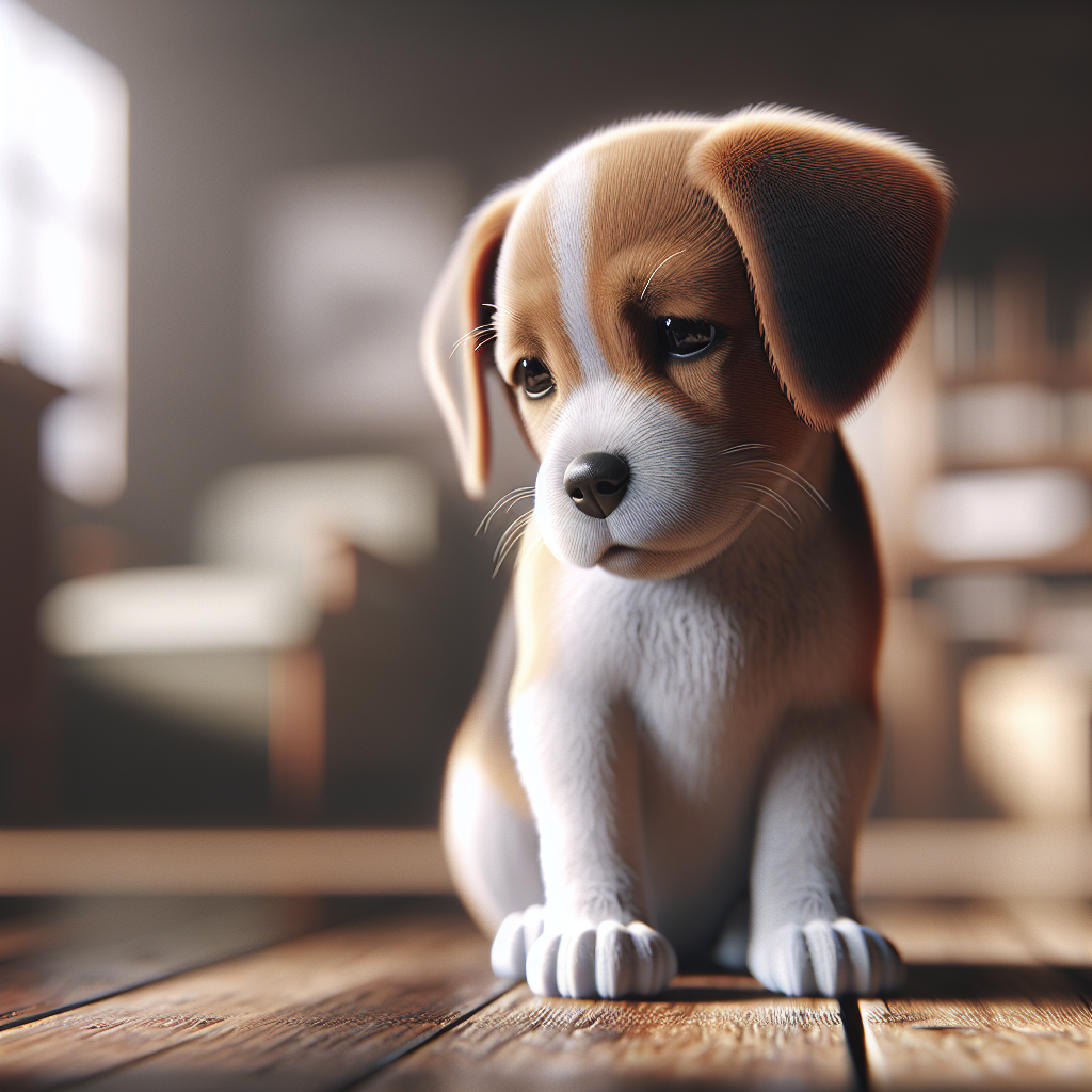 Close-up of a small, cute puppy (e.g., Beagle or Terrier mix) sitting indoors, its head slightly turned away from the viewer, ears slightly lowered, avoiding eye contact, as if ignoring a voice calling its name. The expression is one of slight apprehension or disinterest rather than joy. Soft, natural indoor light, realistic style.