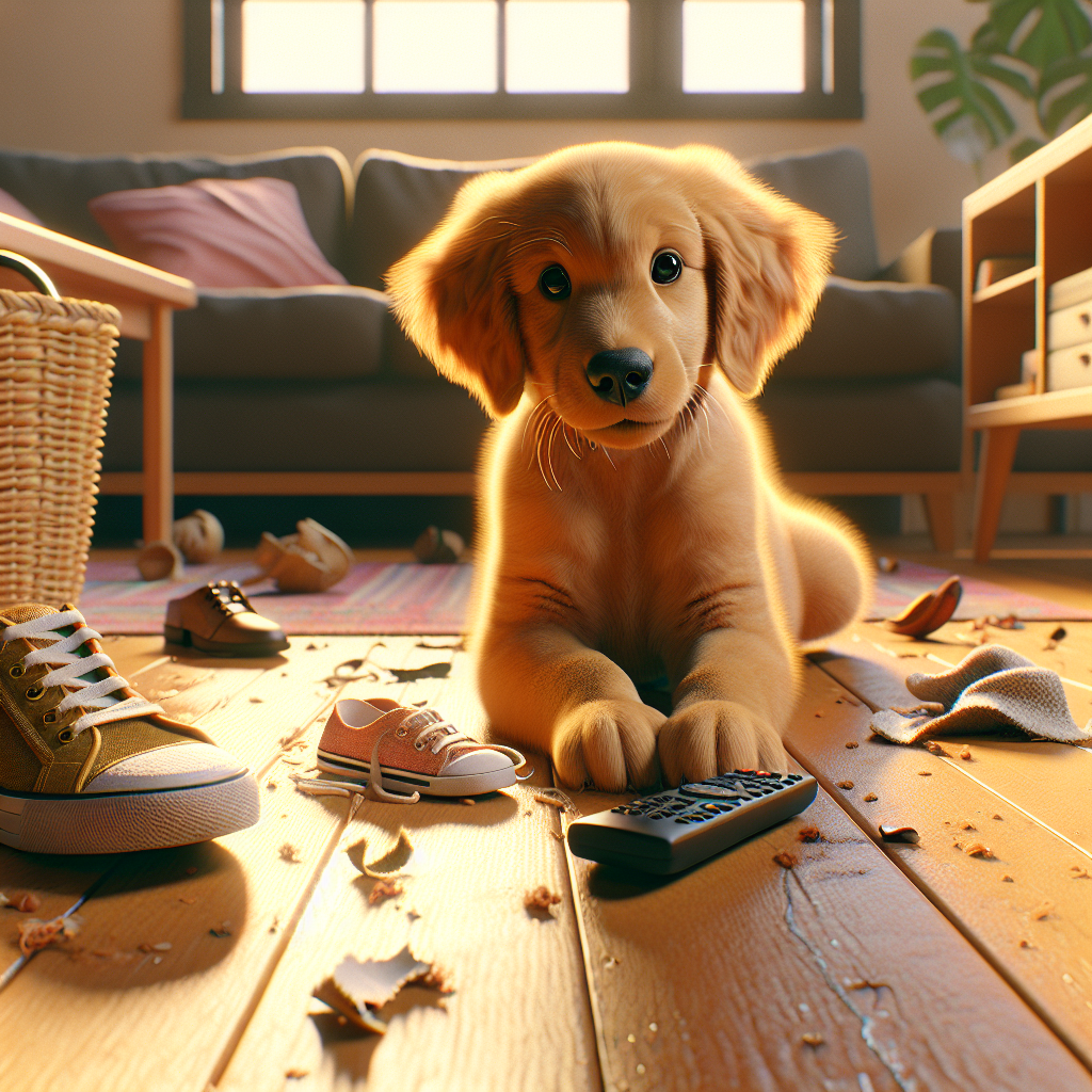 A mischievous yet adorable Golden Retriever puppy sitting amidst a few slightly damaged household items: a chewed-up shoe, a corner of a rug with loose threads, and a remote control on the floor. The puppy has a playful, innocent expression, looking directly at the viewer. The background is a bright, cozy living room, showing minor signs of puppy chaos. Photorealistic, warm lighting, natural colors, high detail.