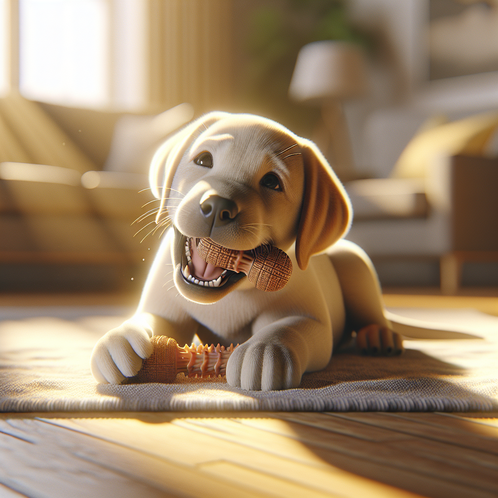A happy, contented Labrador puppy actively chewing on a large, durable dog chew toy specifically designed for teething. The puppy is lying comfortably on a soft blanket in a sunlit living room, completely absorbed in its toy. Emphasize the puppy's healthy teeth and the appropriate chew item, showing relief and engagement. Photorealistic, soft natural light, warm and inviting atmosphere, close-up on the puppy and toy.