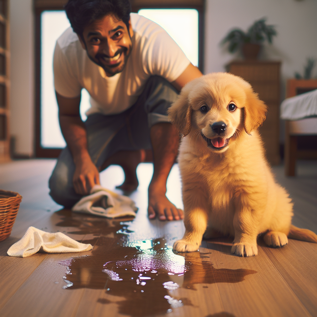 A cute, fluffy golden retriever puppy looking slightly sheepish next to a very small, clean puddle on a wooden floor. In the background, a gentle, understanding owner is kneeling with a cleaning cloth, smiling softly. The scene should convey a mix of minor inconvenience and loving patience. Soft, warm lighting, realistic photography style.