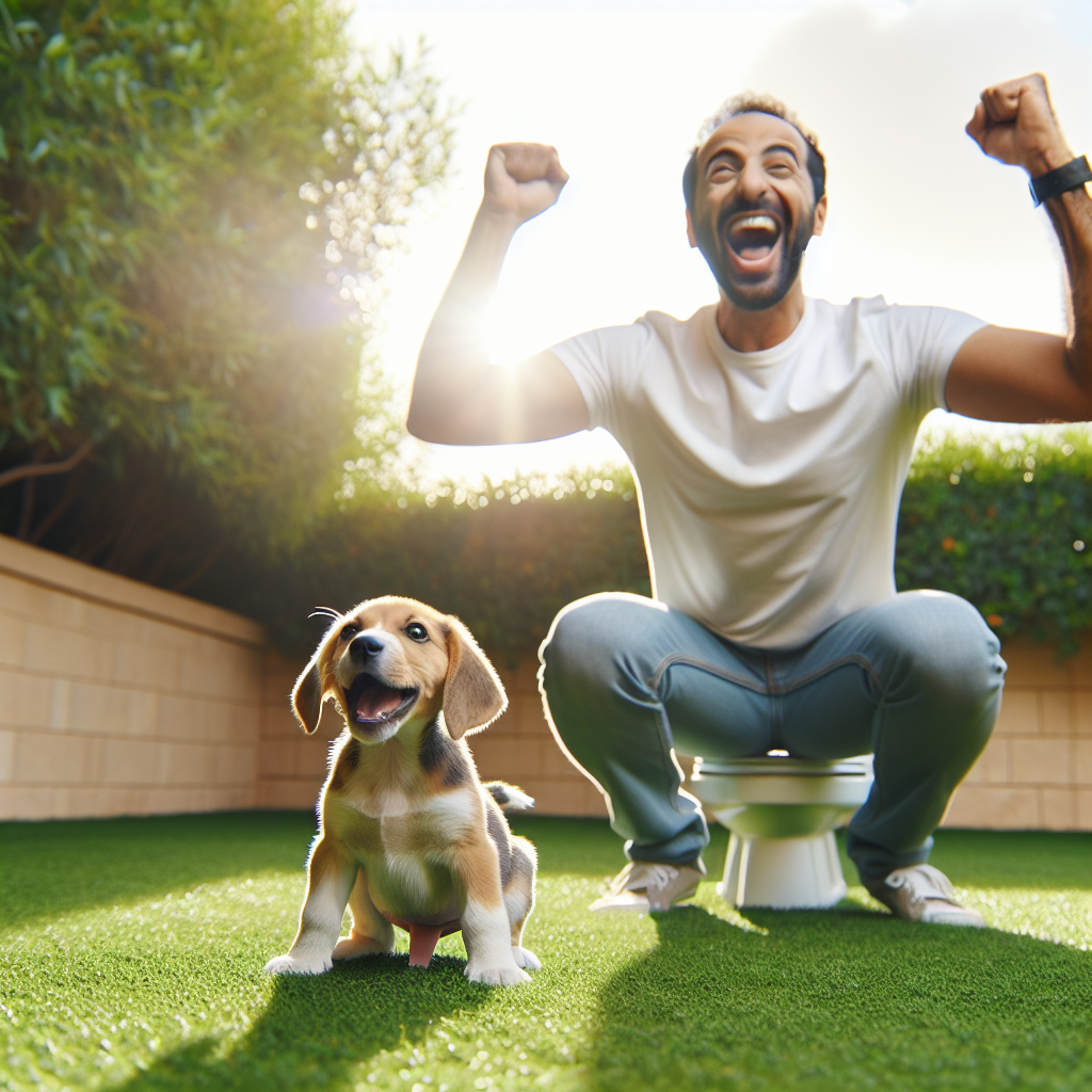A joyful, energetic puppy (e.g., a Beagle or Labrador mix) happily squatting and peeing on a patch of green grass outdoors, with a proud and happy owner giving encouragement in the background. Bright, sunny day. Emphasize success and positive outdoor training. Realistic photography style.
