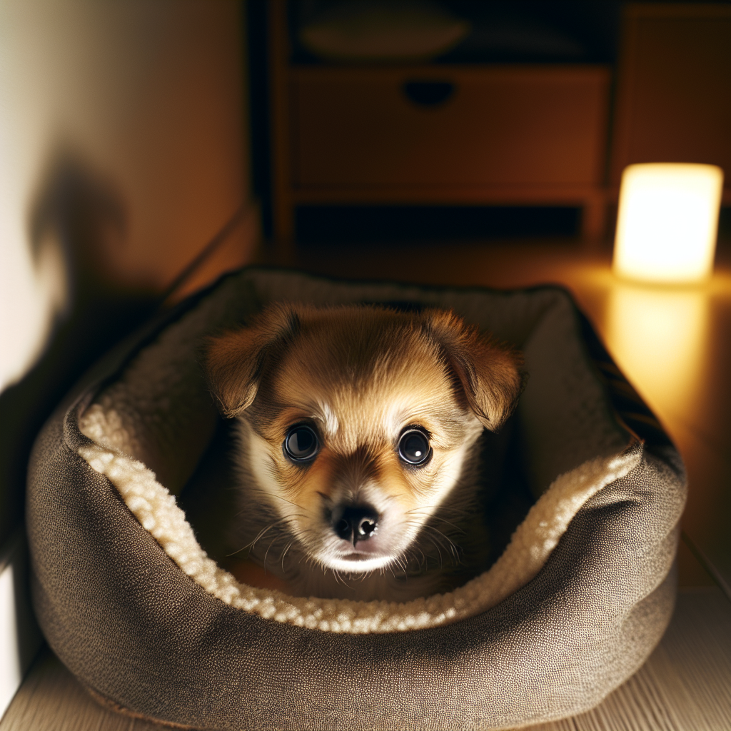 A cute, small puppy with wide, awake eyes, looking restless and slightly anxious in a cozy dog bed in a dimly lit room at night. Soft, warm light from a distant source, conveying a feeling of being unsettled.