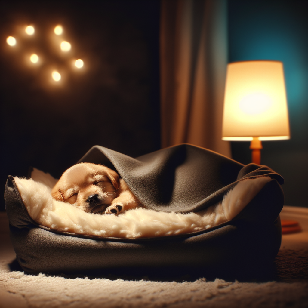 An adorable, small puppy sleeping soundly and peacefully, snuggled under a soft blanket in a cozy dog bed in a dark room. A gentle, warm glow from a night light creates a tranquil and comforting atmosphere. The puppy looks completely relaxed and content.