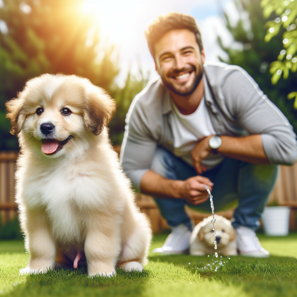 A fluffy, adorable puppy successfully peeing on green grass outdoors, with a proud and happy human owner gently smiling in the background. The scene is bright and sunny, conveying a positive and rewarding training moment. Realistic, high-quality photograph.