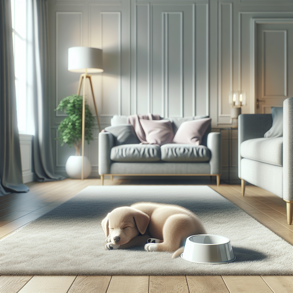 A clean, tidy living room interior with a cute, sleepy puppy curled up peacefully on a soft rug. The atmosphere is calm and serene, symbolizing a harmonious home environment achieved through successful potty training. Soft, natural lighting. Realistic, high-quality photograph.