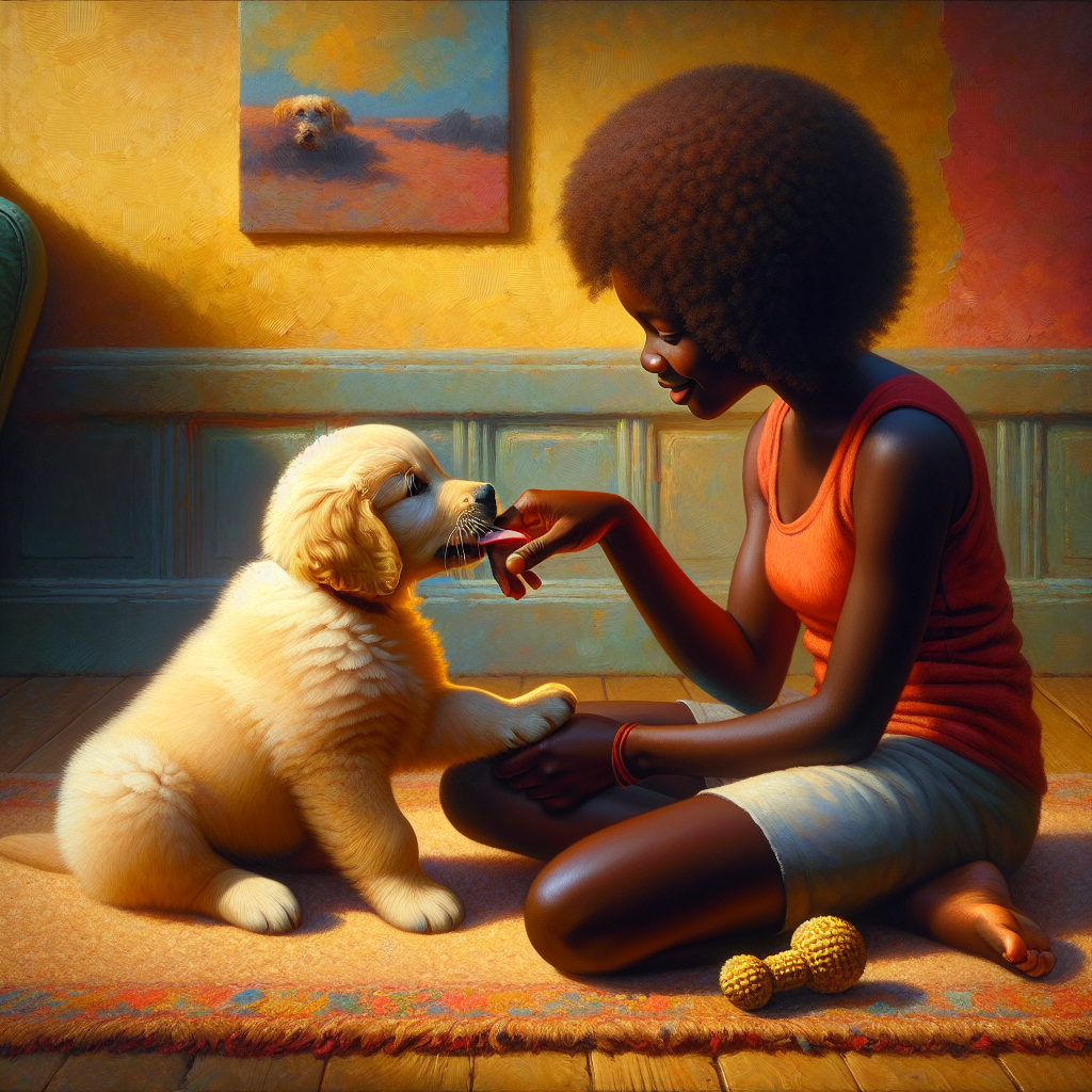 A fluffy, adorable golden retriever puppy playfully mouthing a human hand, with a chew toy readily available next to it on a soft rug. The setting is a warm and bright living room, conveying a gentle and educational atmosphere for puppy training, with soft, inviting colors. DALL-E digital art style.