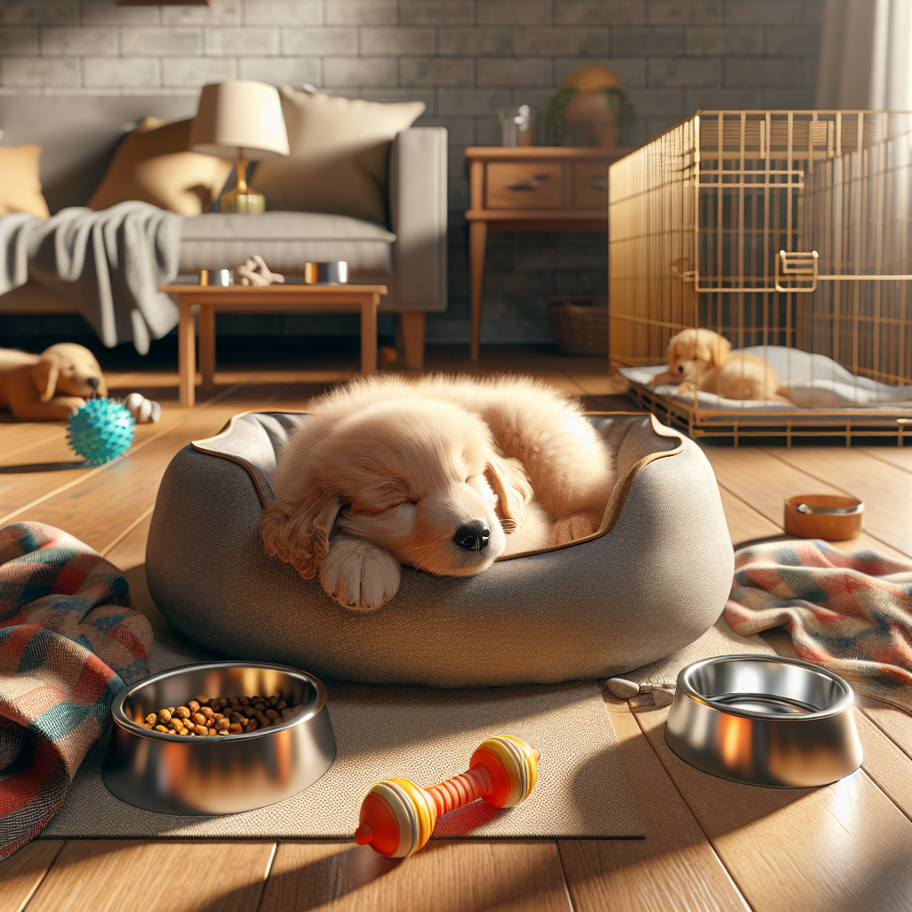 An adorable, fluffy Golden Retriever puppy peacefully asleep in a soft, cozy dog bed. Surrounding the bed are essential puppy items: two shining stainless steel food and water bowls, a colorful chew toy, a soft plaid blanket, and a small, open dog crate in the background. The scene is set in a warm, sunlit living room, conveying a sense of comfort, safety, and a welcoming new home. Photorealistic, high detail.