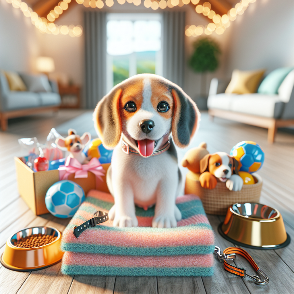 A cheerful, playful Beagle puppy sitting amidst a curated collection of new puppy essentials. Visible items include a brand new leash and collar, a variety of puppy-safe toys, a sturdy ceramic food bowl, and a soft, folded puppy blanket. The puppy looks curious and happy, ready for adventure. The background is a bright, clean home interior, with warm natural light. Photorealistic, vibrant colors, capturing the excitement of a new start.